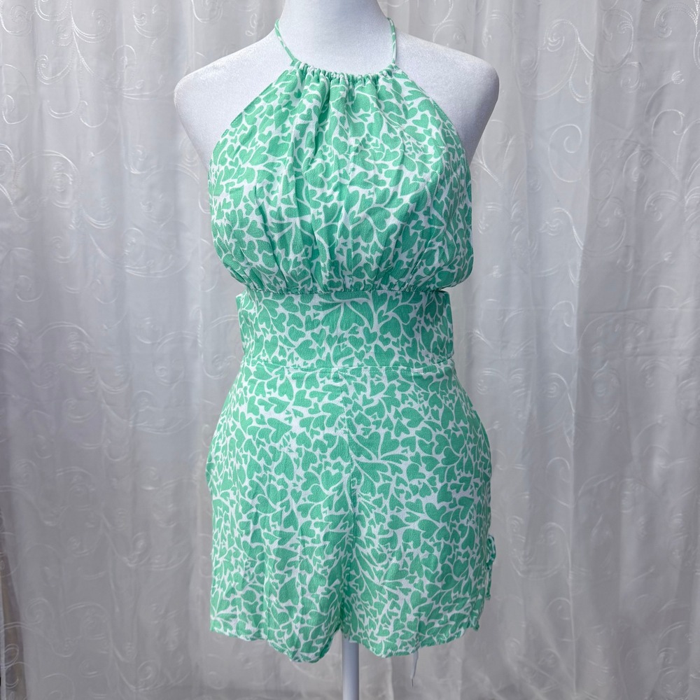 Sky to Moon Green White Heart Print Halter Romper Open Back Small SM-R30005A